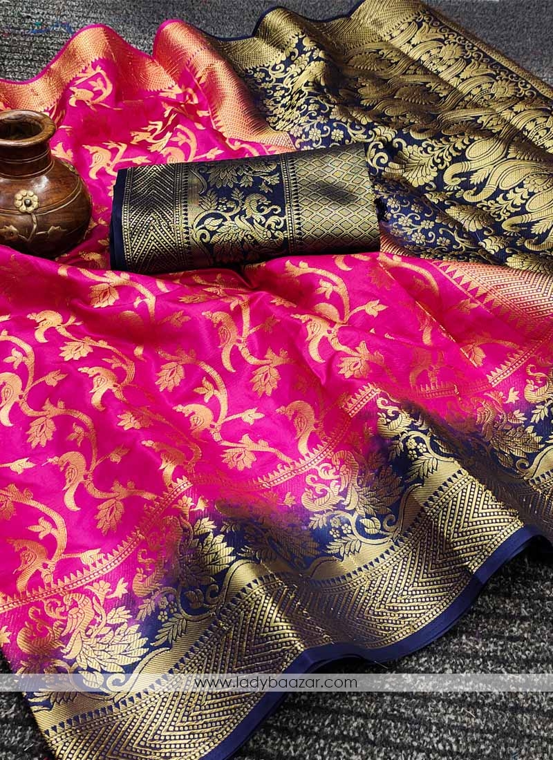 Pink Festive Wear Woven Silk Saree