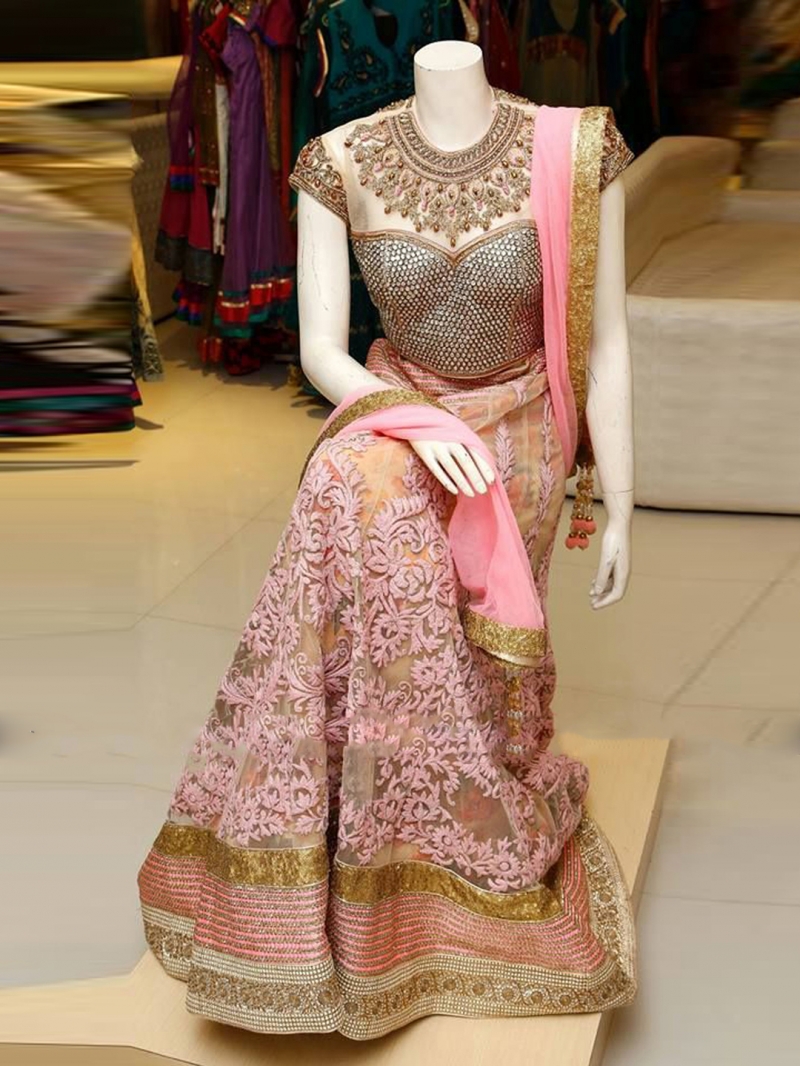 Pink Patch Border Work A Line Lehenga Choli