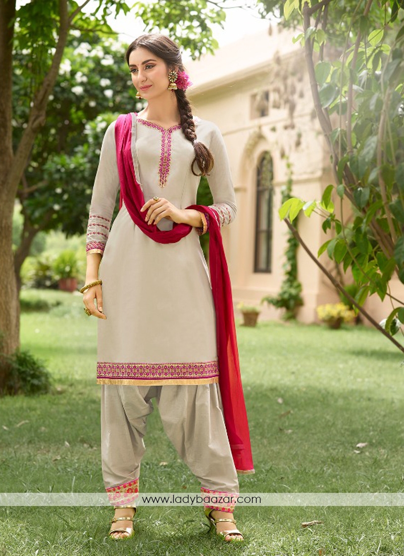 Piquant  Grey Cotton Embroidery Work Patiyala Suit