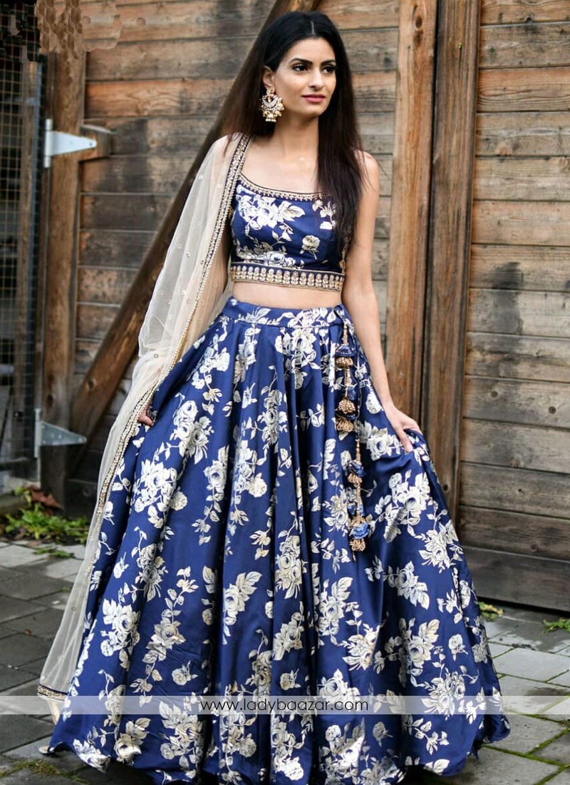 Navy blue and cream lehenga adorn in pearl and stone