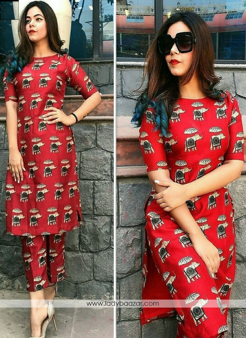 Praiseworthy Banglory satin silk Red Party Wear Semi-Stitched  Kurti With Unstitched  Bottom Fabric