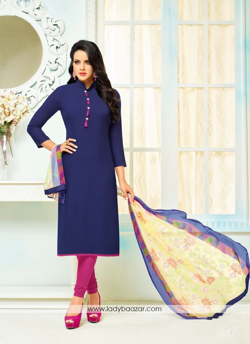 Preferable Blue Chanderi Printed Straight Suit