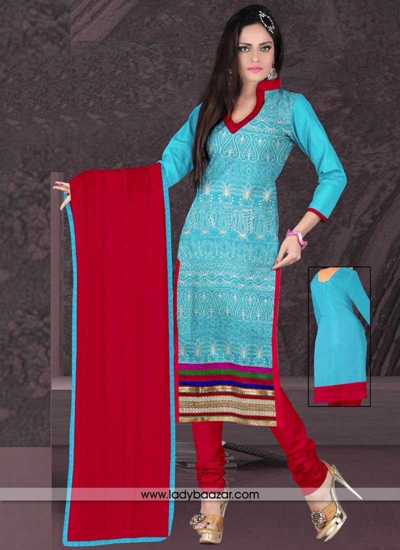 Preferable Sky blue Cotton Straight Salwar Kameez