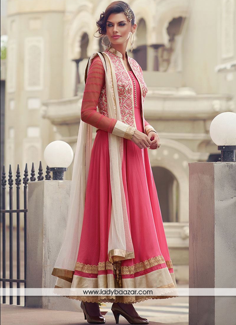 Prepossessing Embroidered Work Chanderi Hot Pink Anarkali Salwar Kameez