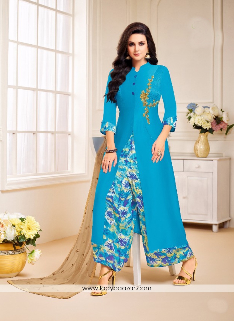 Pretty Blue Silk Printed Palazzo Salwar Suit