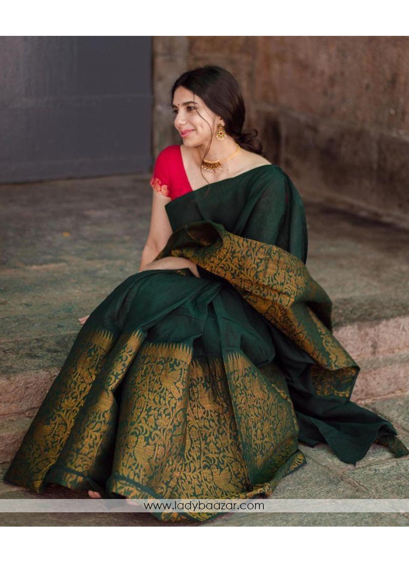 Pretty Dark Green Colored Festive Wear Woven Art Silk Saree