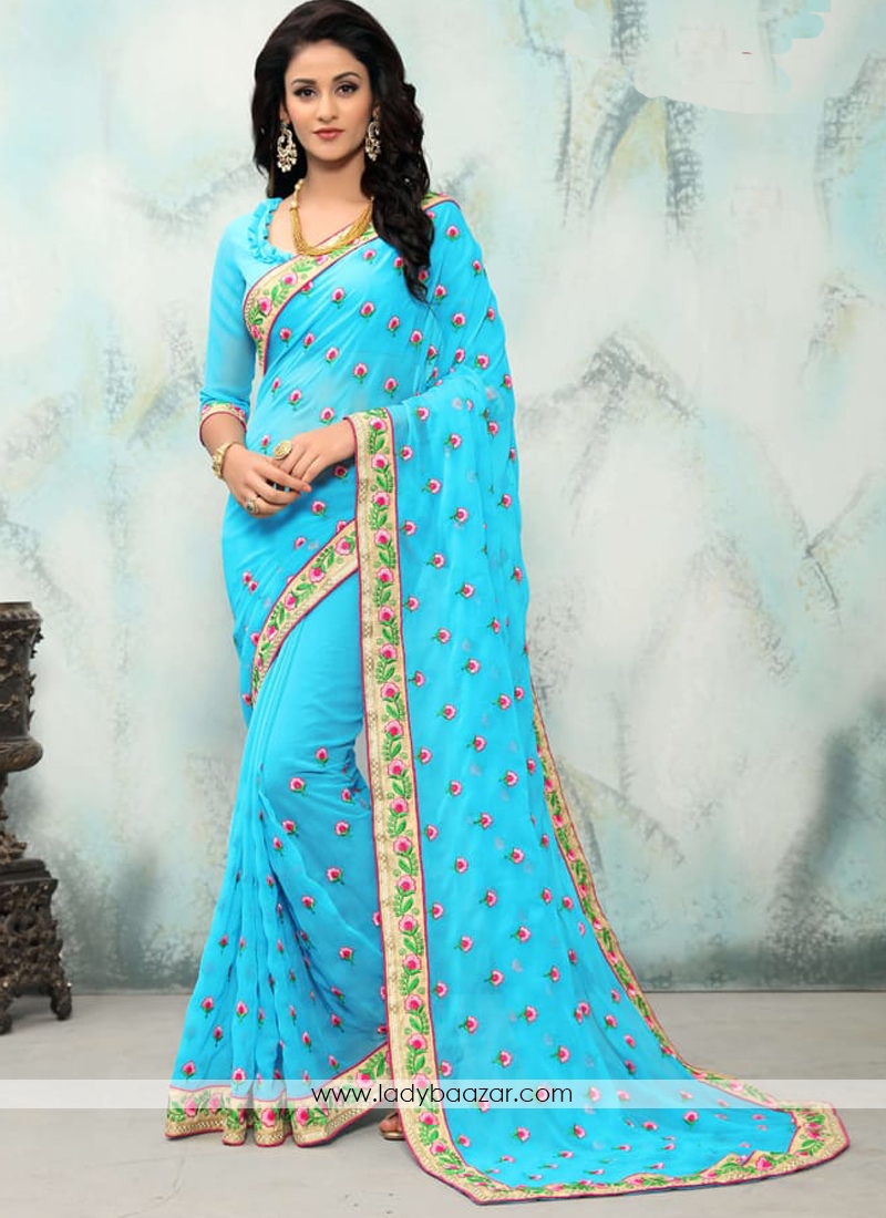 Pretty Embroidery Turquoise Georgette Designer Saree