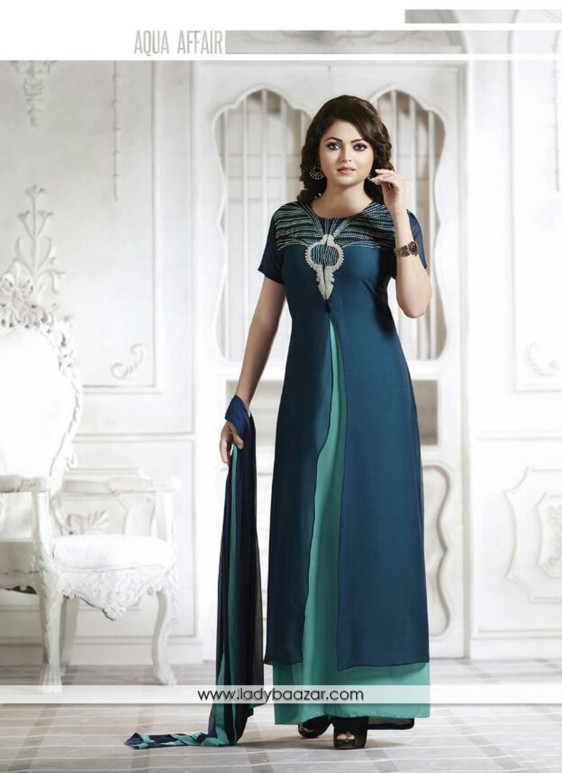 Prime Satin Teal Anarkali Salwar Kameez