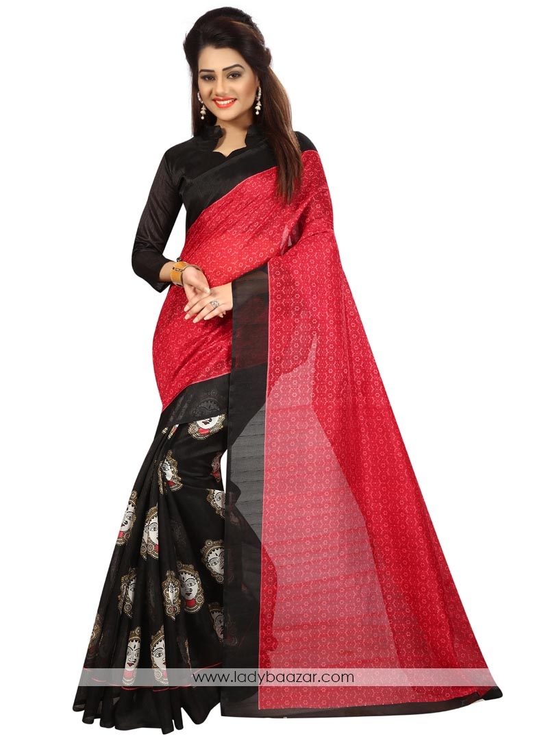 Print Bhagalpuri Silk Casual Saree In Red N Black Colour