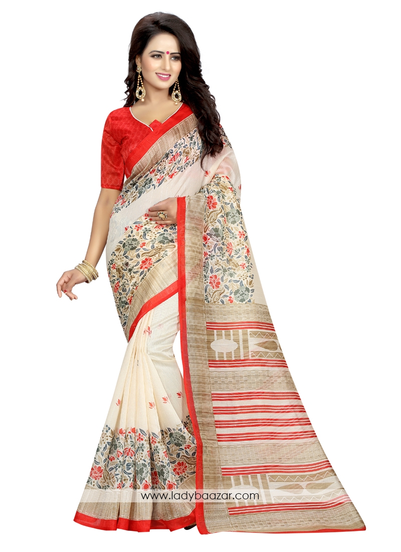 Print Bhagalpuri Silk Off White  Casual Saree