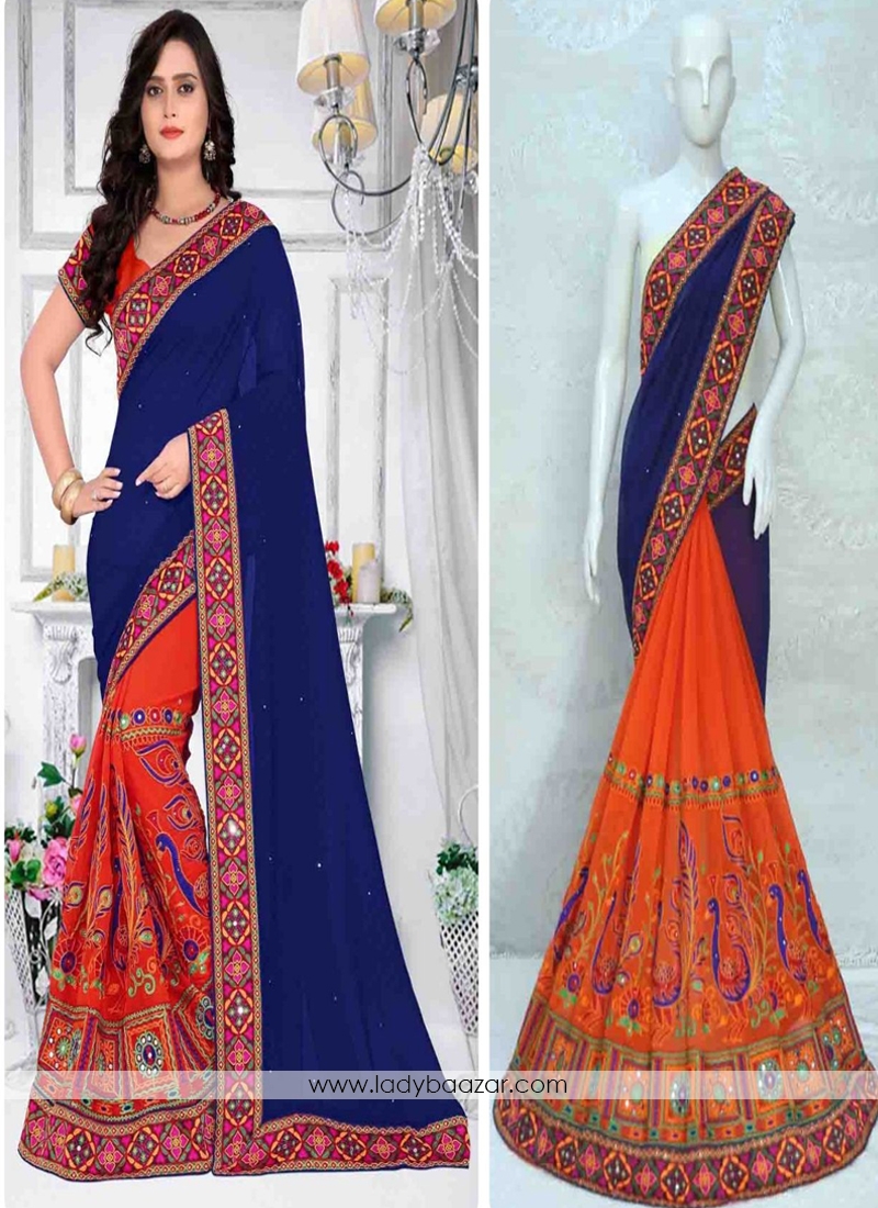 Pristine Georgette Blue And Orange Designer Half N Half Saree