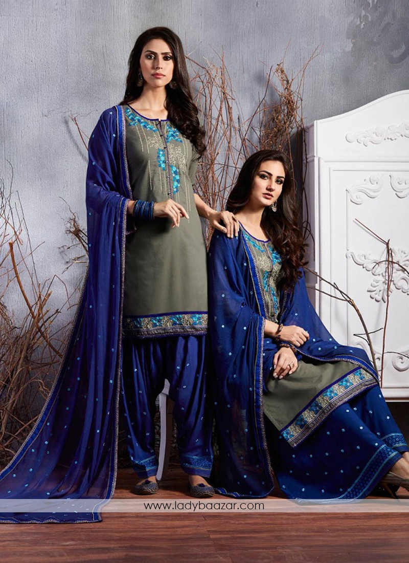 Prodigious Satin Gray Designer Patiyala Suit