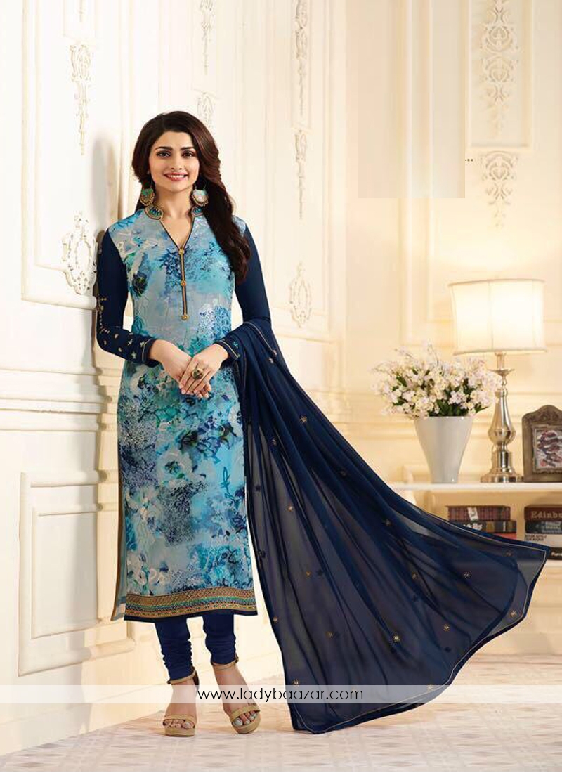 Prominent Blue Brasso Embroidery With Print Straught Suit