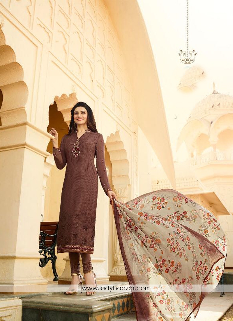 Prominent Brown Crepe Printed N Embroidery Salwar Suit