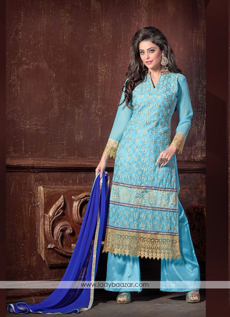 Prominent Georgette Turquoise Embroidered Work Designer palazzo Salwar Kameez