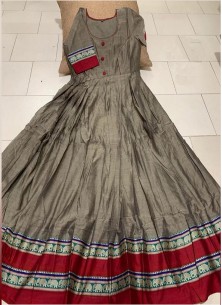 Prominent Grey Colored Partywear Printed Less Satin Silk Trendy Gown