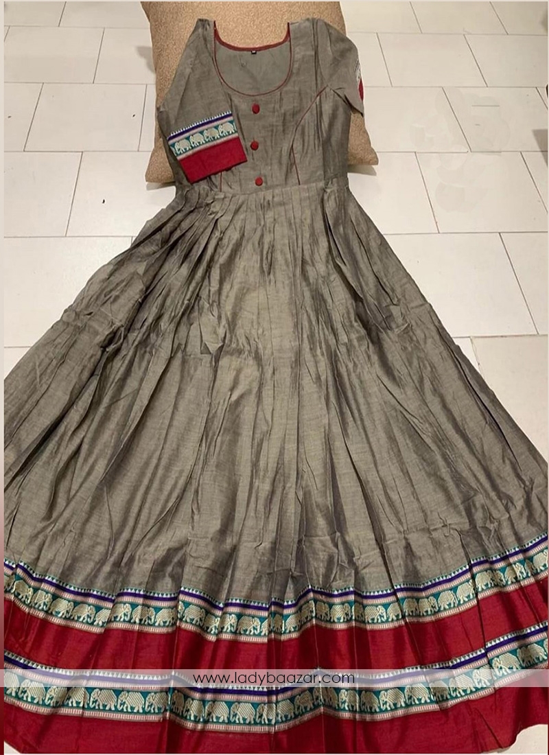 Prominent Grey Colored Partywear Printed Less Satin Silk Trendy Gown