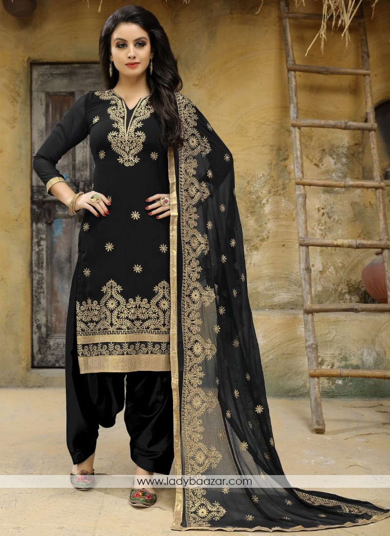 Punjabi Suit Embroidered Faux Georgette In Black