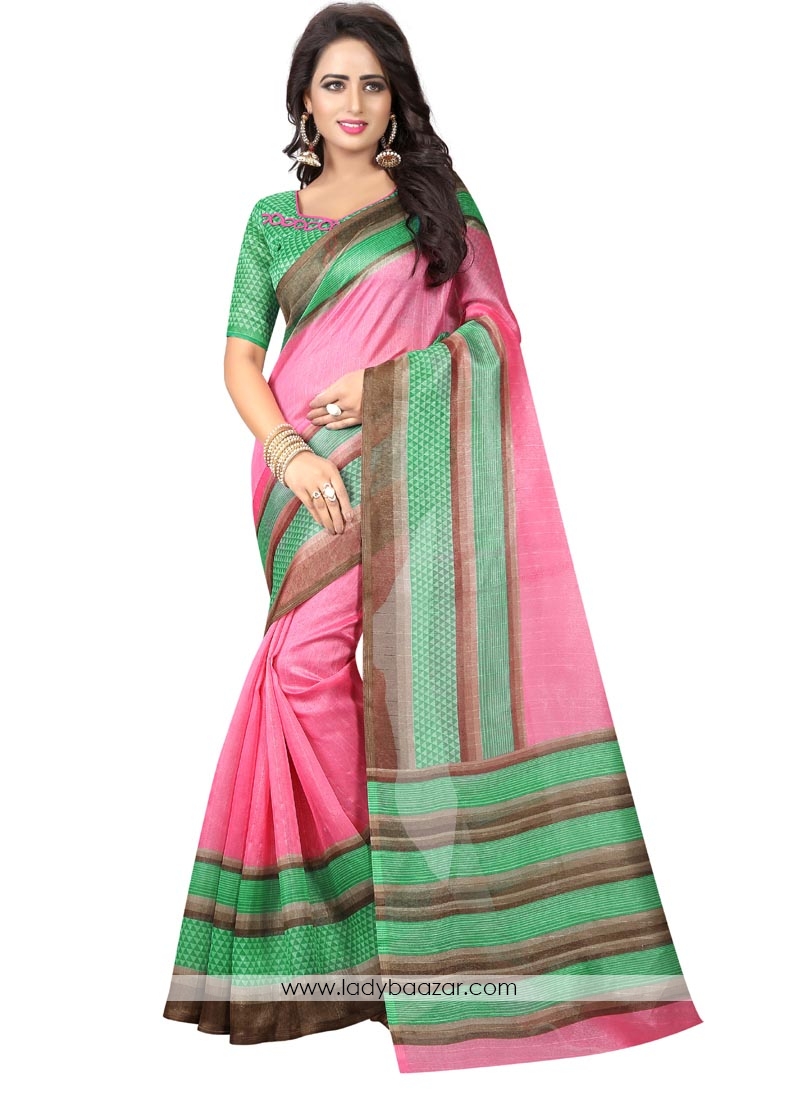 Radiant Green With Pink Bhagalpuri SIlk Casual Saree