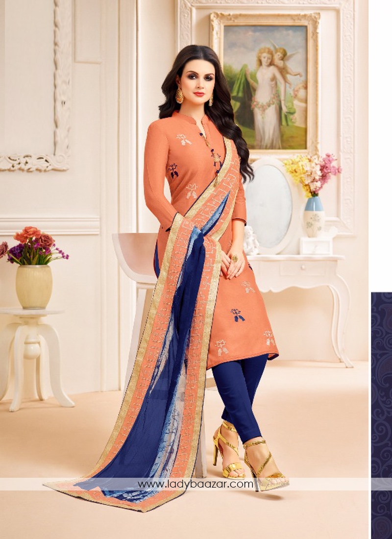 Ravishing  Orange Chanderi Embroidery Work Silk Salwar Kameez