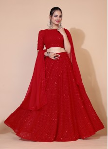 Red A-line Lucknowi Chikankari Work Stitched Lehenga Choli