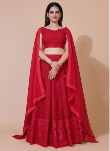 Red A-Line Lucknowi Chikankari Work Stitched Lehenga Choli