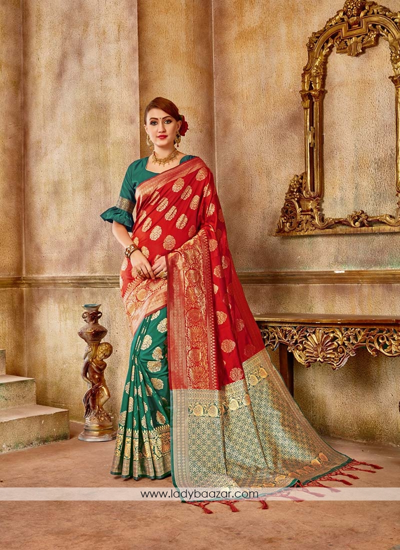 Red And Green Banarasi Silk Festival Traditional Designer Saree