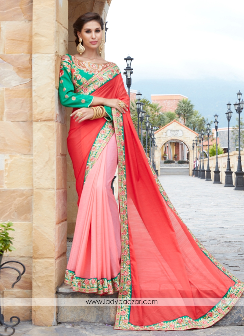 Red  Bamber Silk  Embroidery Saree