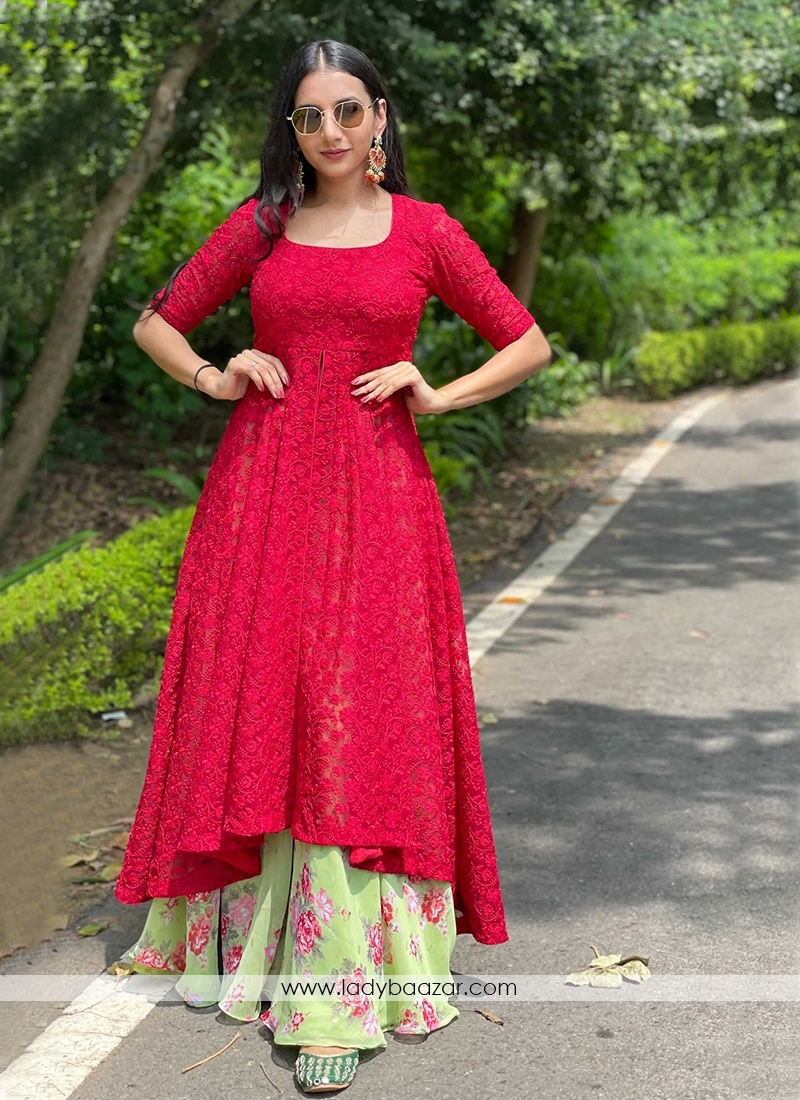 Red Chikankari Long Kurta With Floral Lehenga