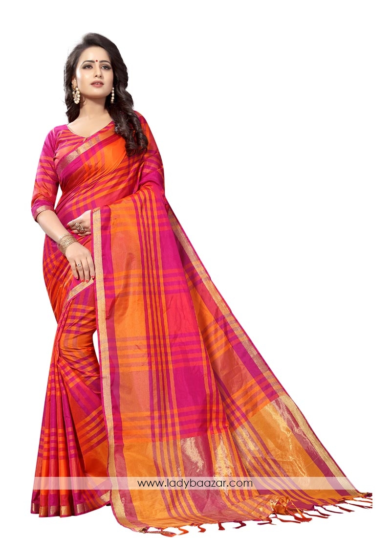 Red Coton Silk Printed Casual Saree