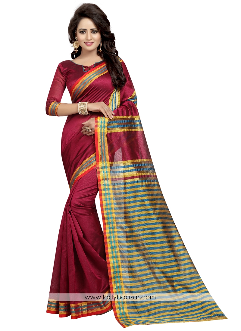 Red Cotton Sulk Printed Casual Saree