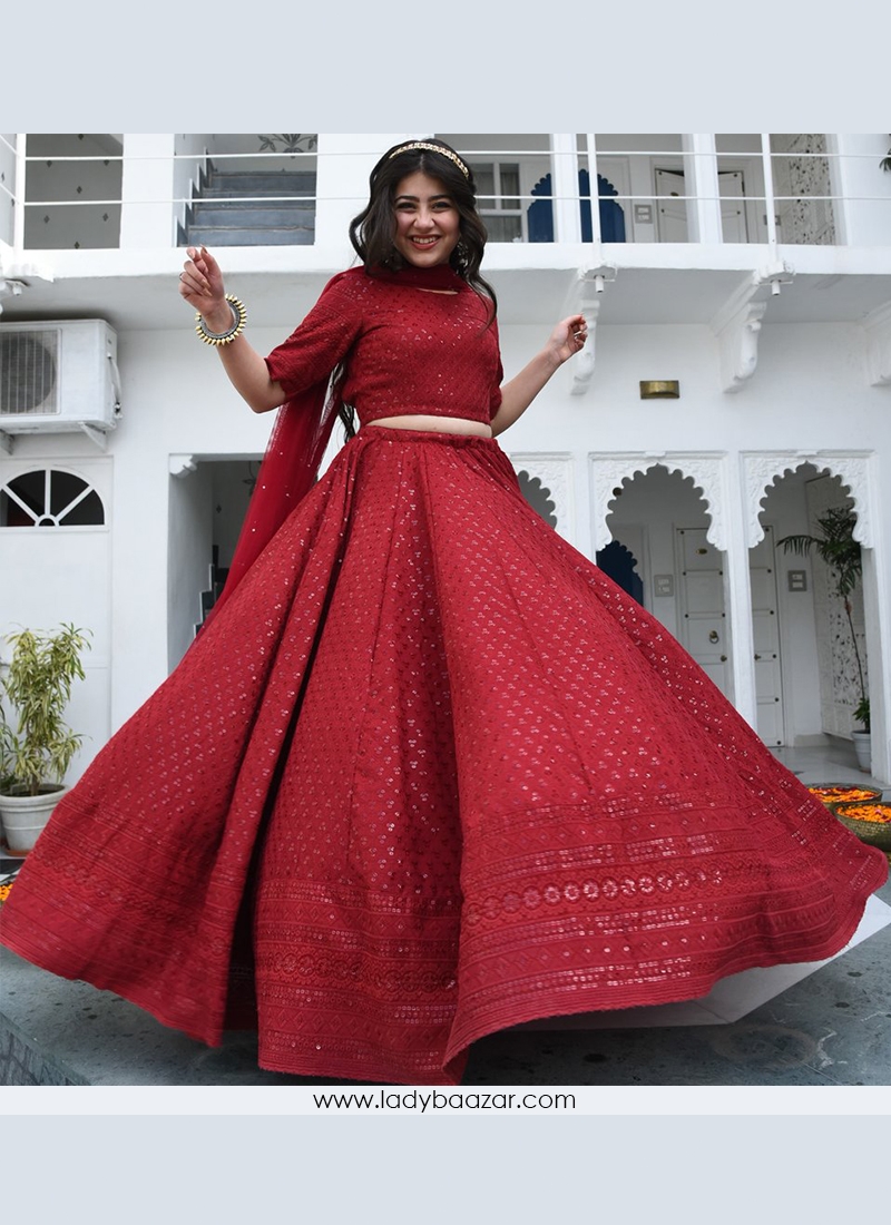 Soniya G Chikankari Lehenga Set | Red, Lucknowi Chikankari, Square,  Sleeveless | Chikankari lehenga, Aza fashion, Lehenga