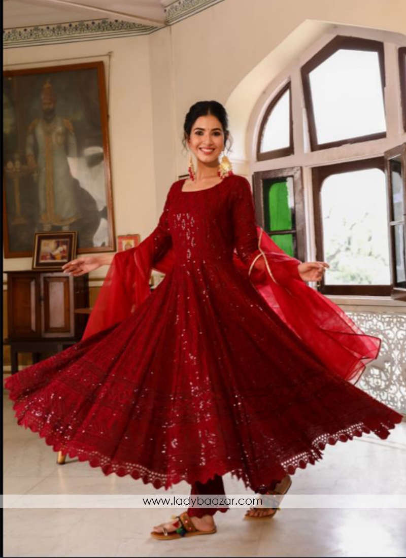 Red Designer Anarkali Suit In Georgette With Lucknowi Chikankari Embroidery Work