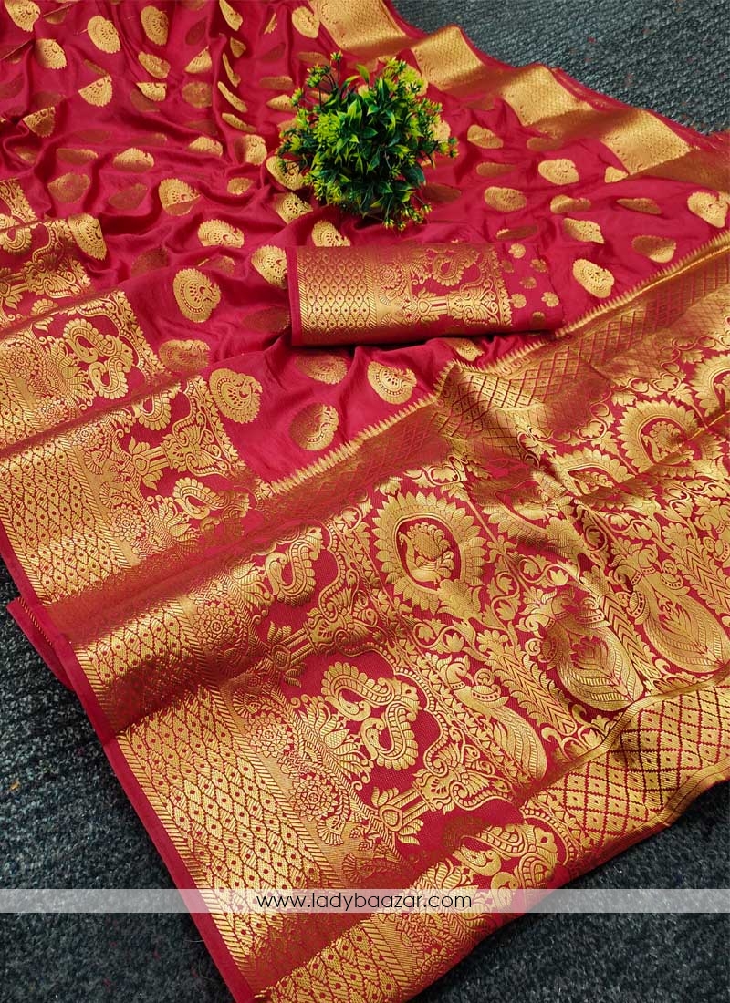 Red Festive Wear Woven Silk Saree