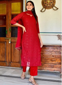 Red Lucknowi Chikankari Work Georgette Kurti Pant Set With Dupatta