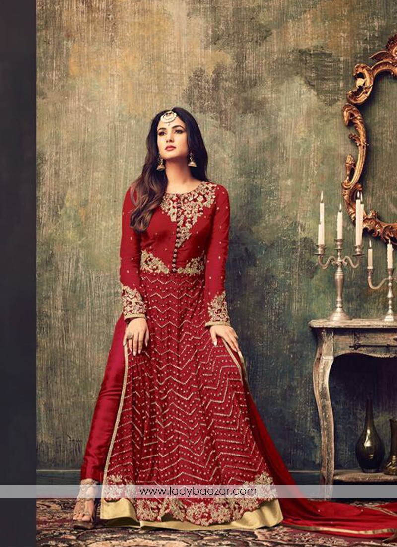 Red Net Embroidered Work Floor Length Anarkali Suit