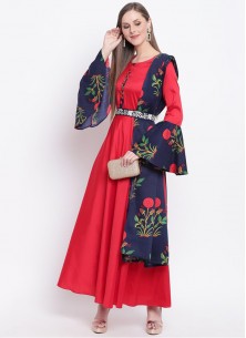 Red Silk Bell Sleeves Designer Gown With Printed Dupatta