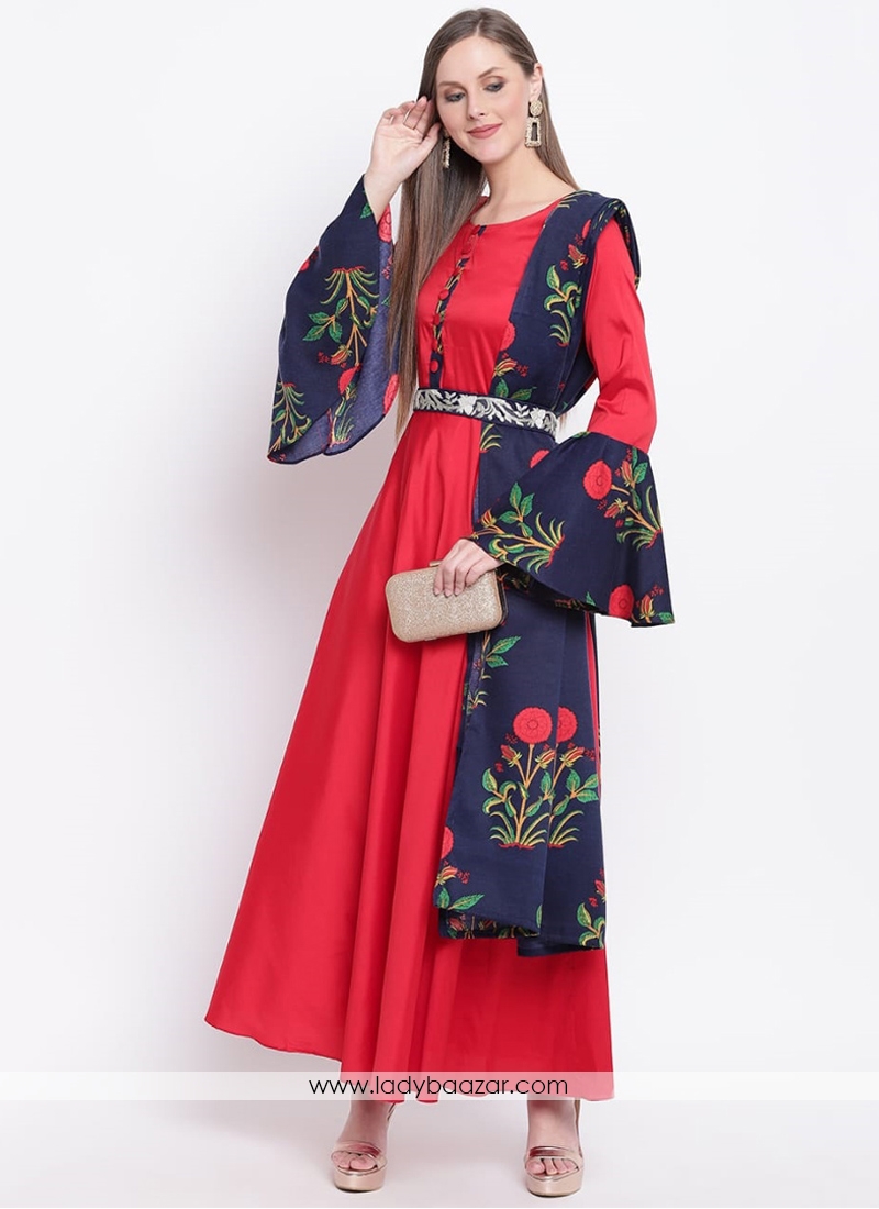 Red Silk Bell Sleeves Designer Gown With Printed Dupatta