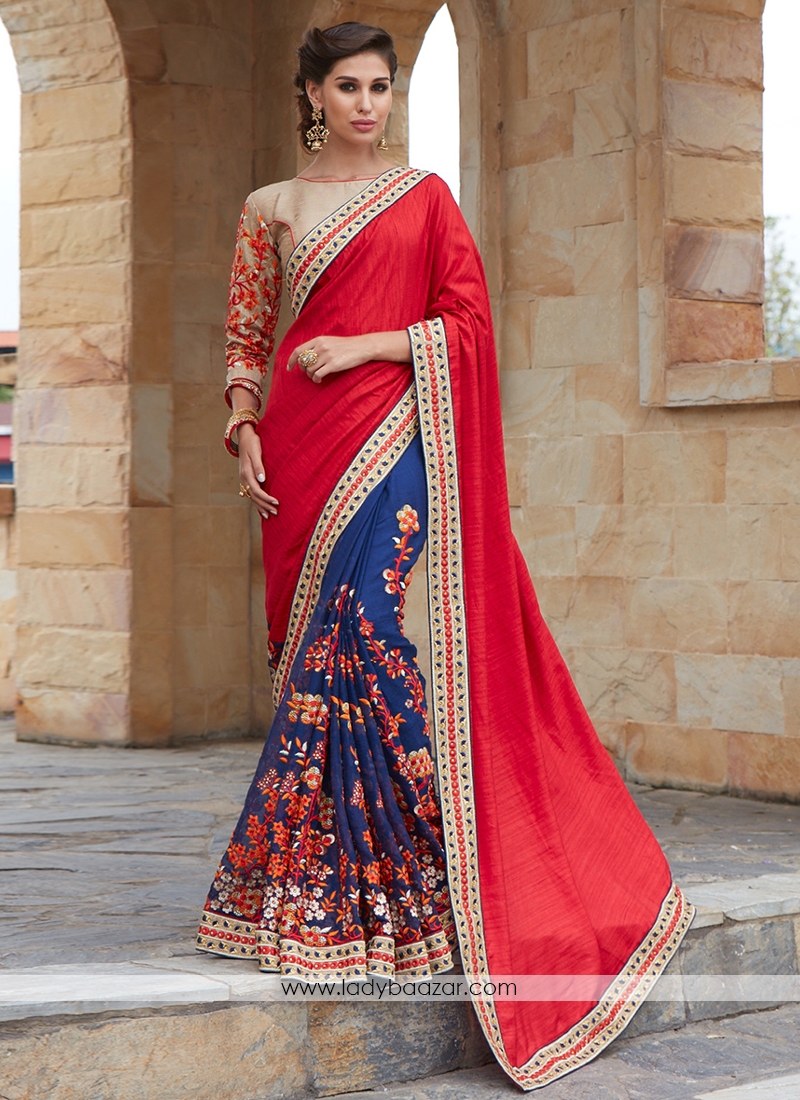 Red With Blue Banglori Silk With Georgette  Embroidery Saree