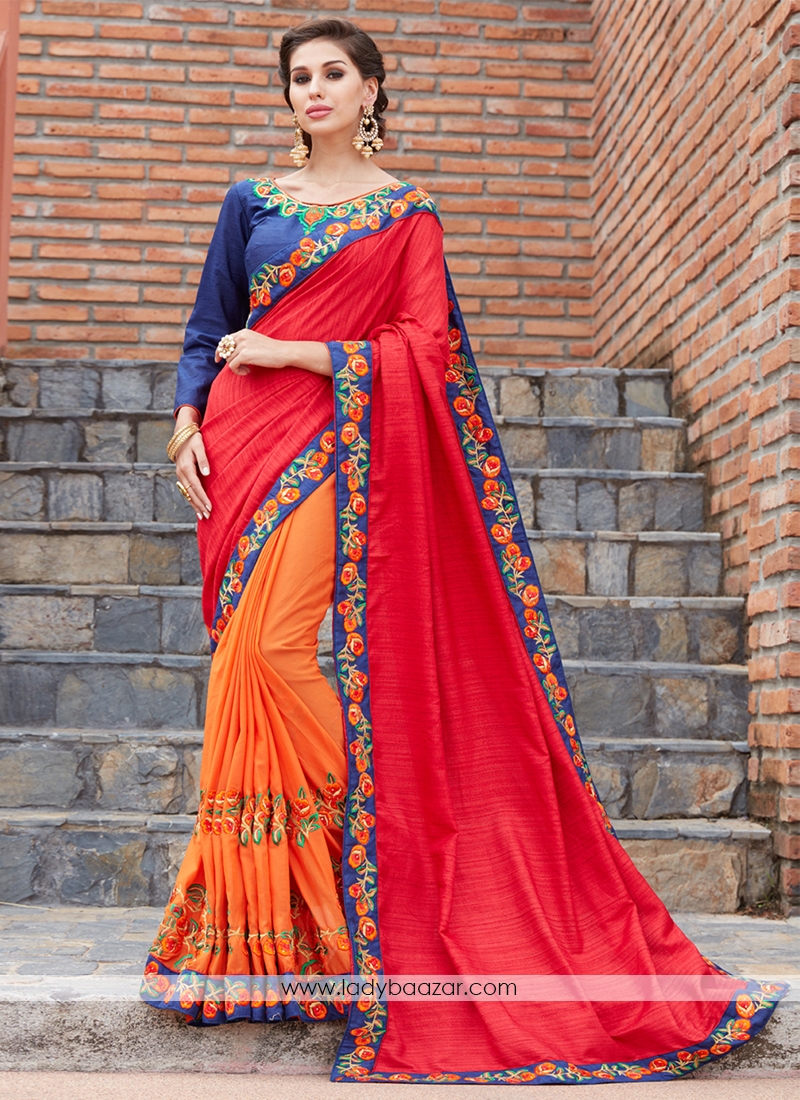 Red With Orange bamber Silk Valvet Work Saree