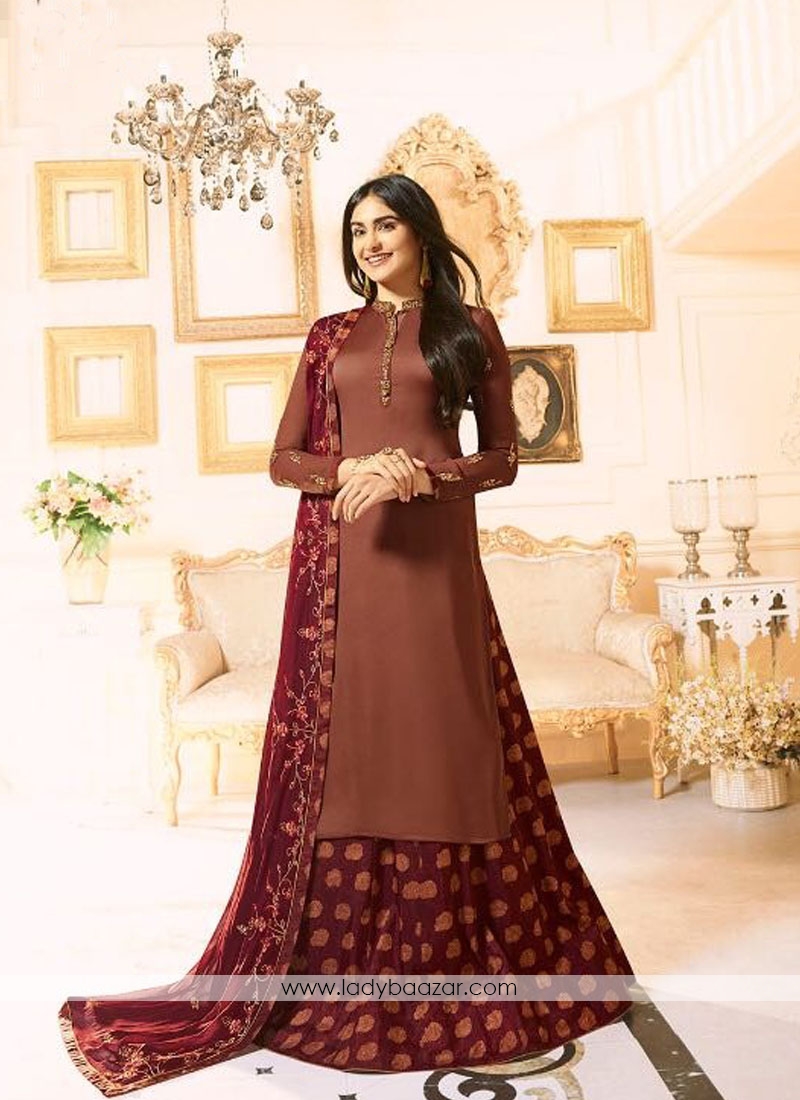 Refreshing Brown Embroidered With Stone Work Designer Palazzo Suit