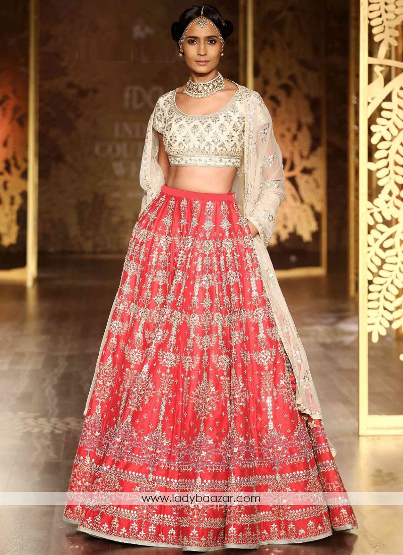 RED SOFT NET EMBROIDERED PARTY-WEAR STYLISH LEHENGA WITH CONTRAST BLOUSE  @Indian Couture