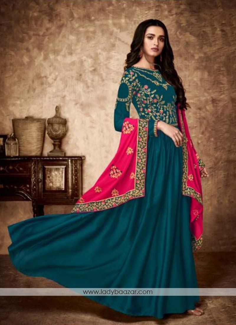 Resplendent Teal Resham Floor Length Anarkali Suit