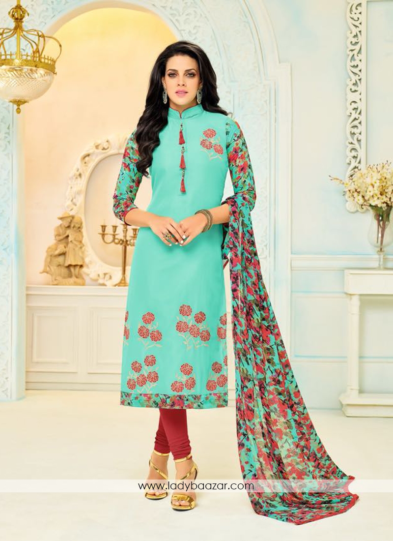 Resplendent Turquoise Chanderi Printed Salwar Kameez