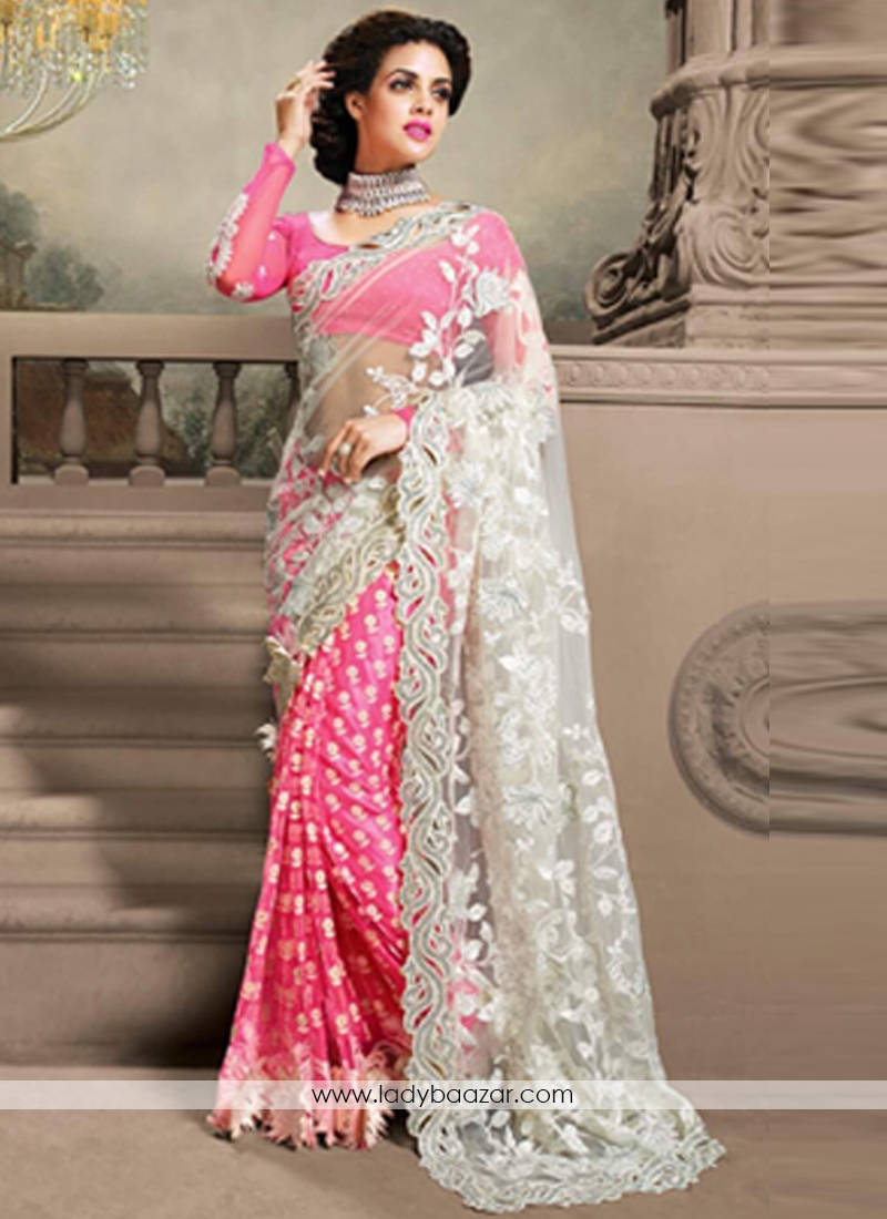 Riveting  Net With Georgette Embroidery Work Pink Saree