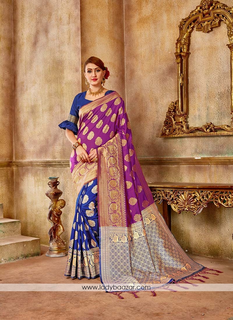 Riveting Pink And Blue Engagement Traditional Saree