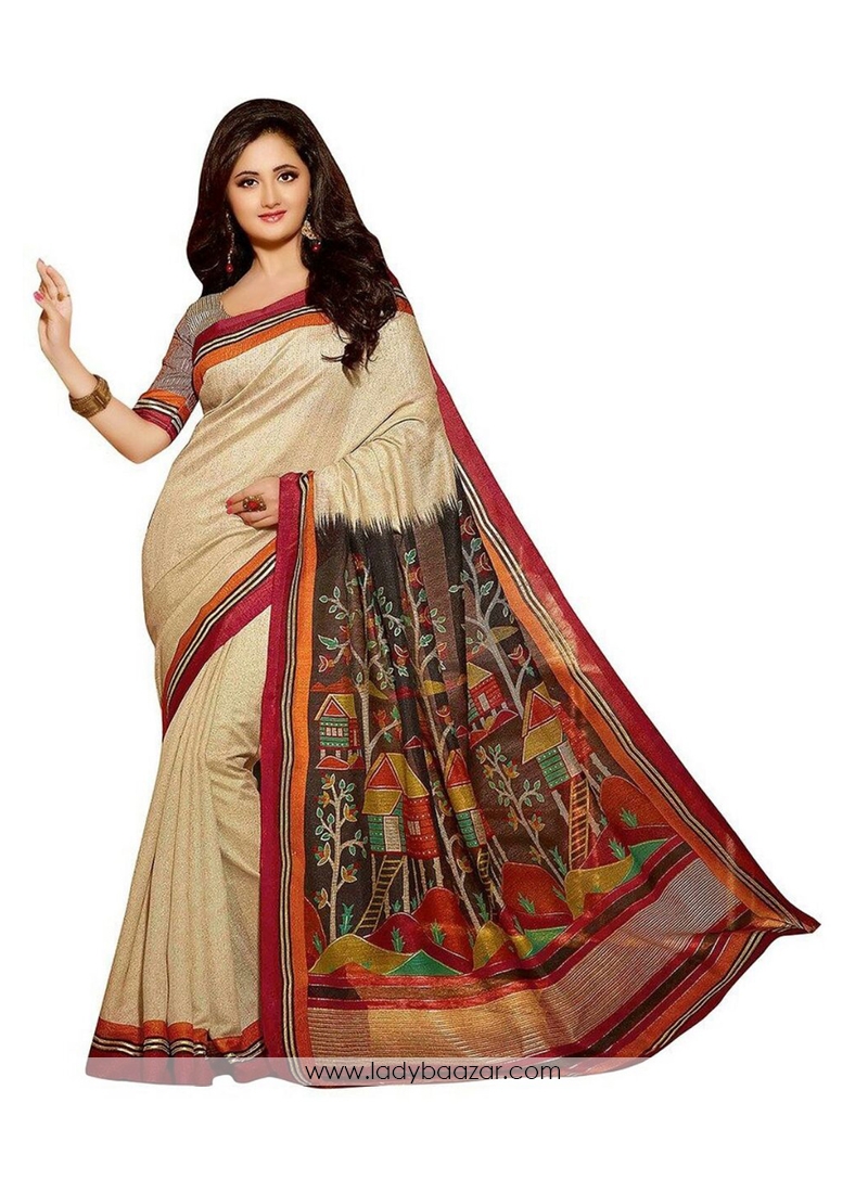 Ruritanian Bhagalpuri Silk Cream Printed Casual Saree