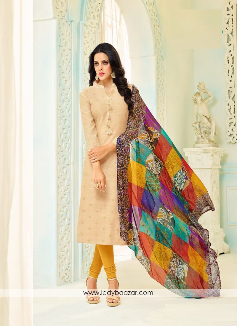 Scintillating Cream Chanderi Printed Straight Suit