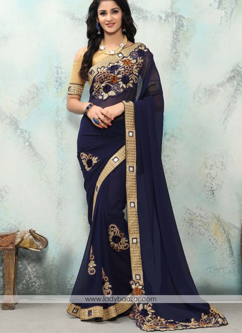 Scintillating Georgette Navy Blue Designer  Saree