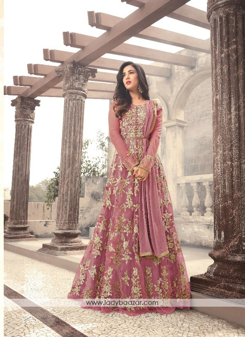 Sensational Pink  Embroidery With Stone Work Net Anarkali Suit